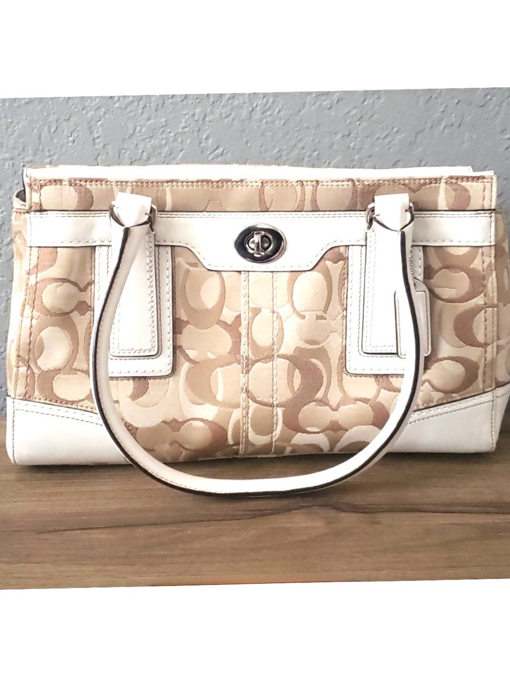 COACH Vintage Signature Hamptons Optic Madeleine Satchel Handbag, white/tan - Picture 8 of 8